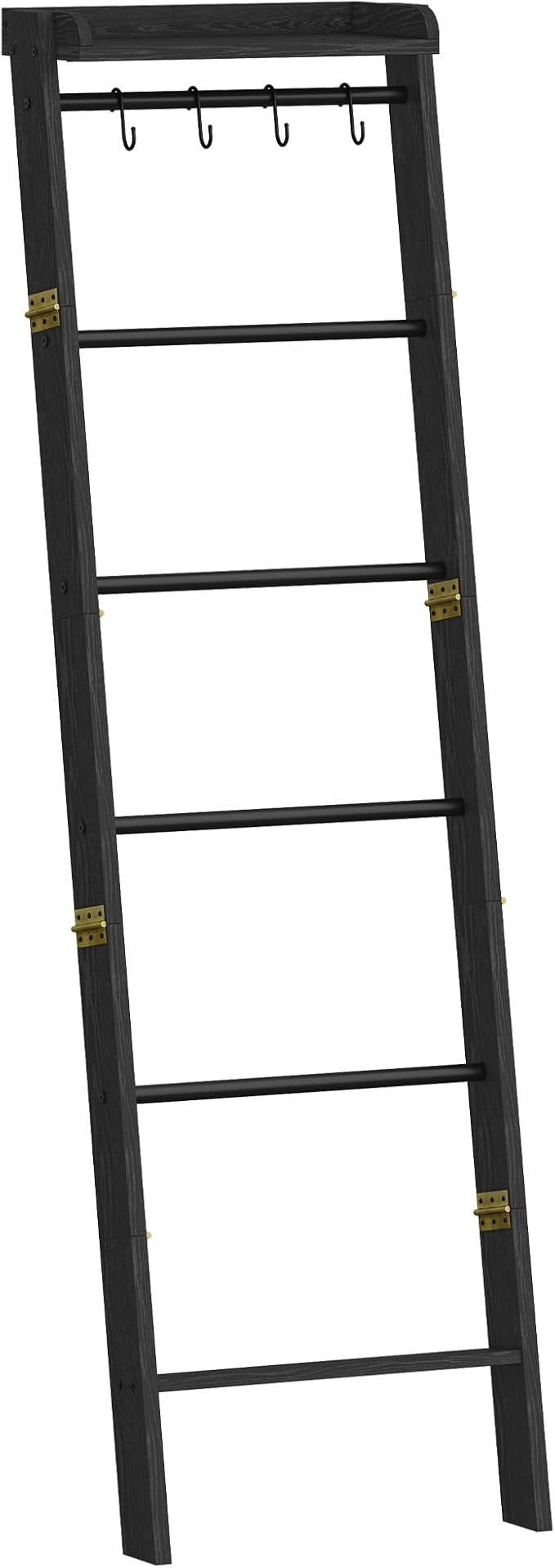 Blanket Ladder Shelf, Decorative Quilt Rack, 7-Tier Farmhouse Ladder Holder Organizer with 4 Removable Hooks, Black BR36804B