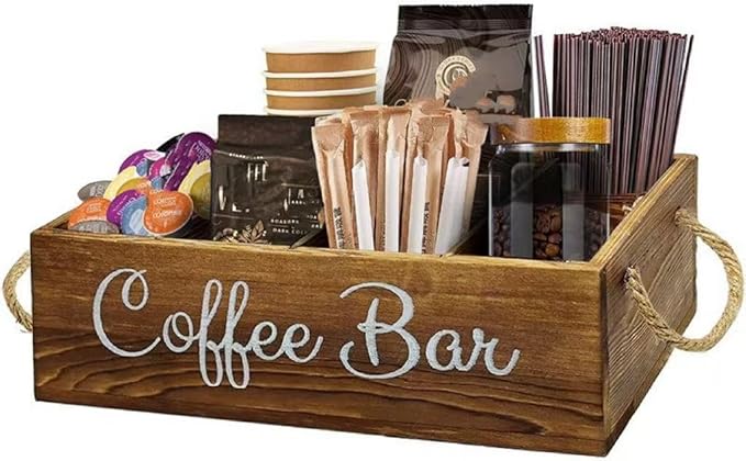 Coffee Counter Storage Rack Wooden Coffee Bar Storage Rack Features Removable Shelves Holds Coffee Pods,Sugar Packets,Stirrers And Tea Sets—Office Coffee Bar Accessories