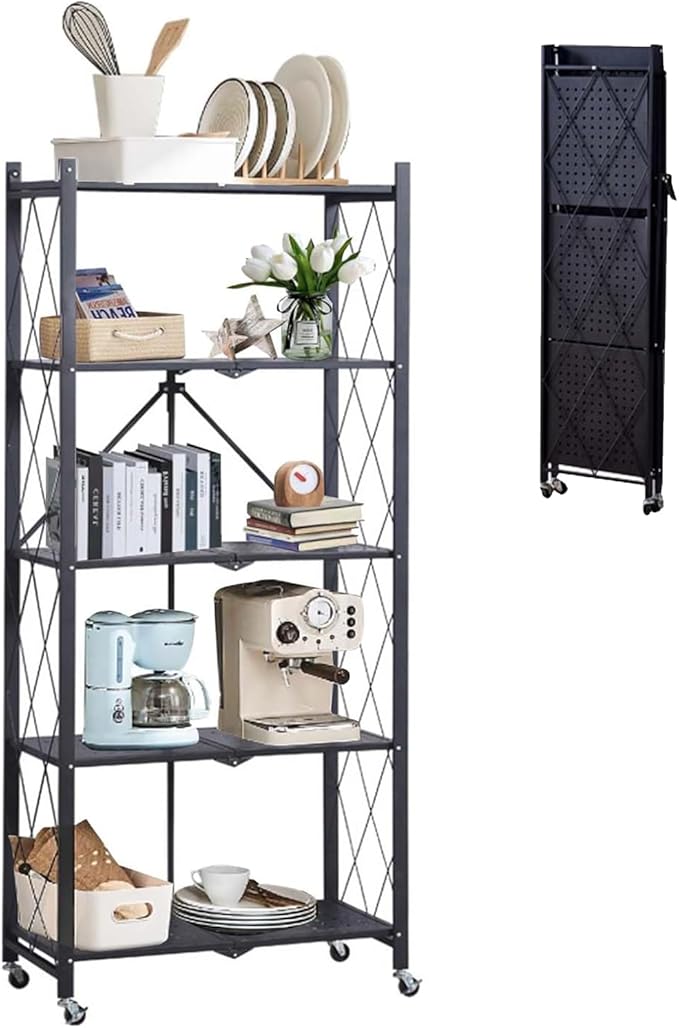 GlowSol 5 Tiers Folding Storage Shelves with Wheels-62.6" No Assembly Rolling Collapsible Shelves, Utility Metal Shelving Rack for Pantry,Kitchen and Garage,300kg Capacity