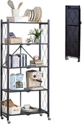 GlowSol 5 Tiers Folding Storage Shelves with Wheels-62.6" No Assembly Rolling Collapsible Shelves, Utility Metal Shelving Rack for Pantry,Kitchen and Garage,300kg Capacity