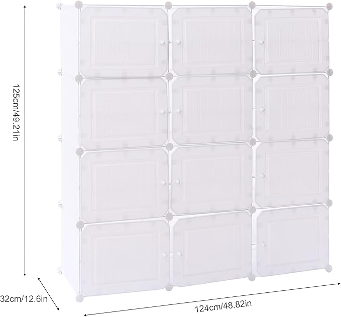 Portable Shoe Rack, 48 Pair DIY Shoe Storage Shelf Organizer, Plastic Shoe Organizers for Entryway, Adjustable Panels, Shoe Cabinet with Doors, White