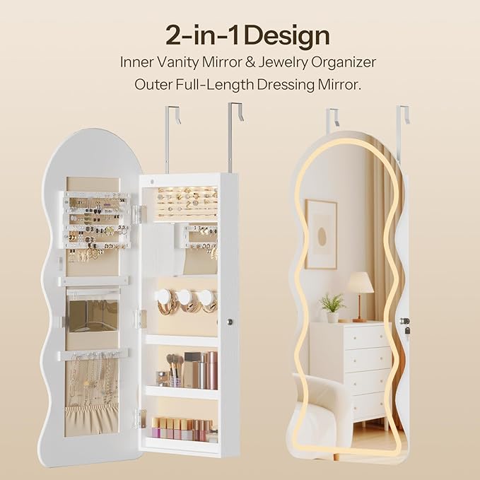 HOOBRO LED Mirror Jewelry Cabinet, Wall/Door Mounted Jewelry Organizer, Jewelry Aromire with Wavy Mirror Full Length, Lockable Cosmetics Storage Cabinet, Interior Mirror, 16.5" x 4.1" x 43.3", White
