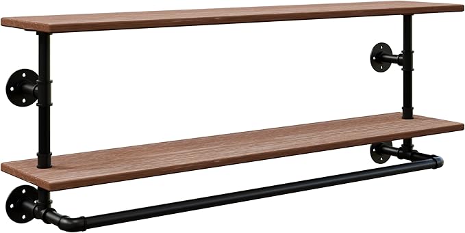 Clothes Rack 42in, 2 Tier Wall Mounted Garment Rack with Real Wood Shelf, Heavy Duty Hanging Clothes Rack, Multi-Purpose Hanging Rod, Space-Saving Closet Storage