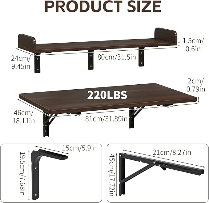 Nisorpa 2 Layers Wall Mounted Folding Table, 32" x 18" Foldable Work Table with Shelf Heavy Duty Fold Down Desk Space Saving Foldable Workbench for Home Office Laundry Kitchen Workshop, Garage