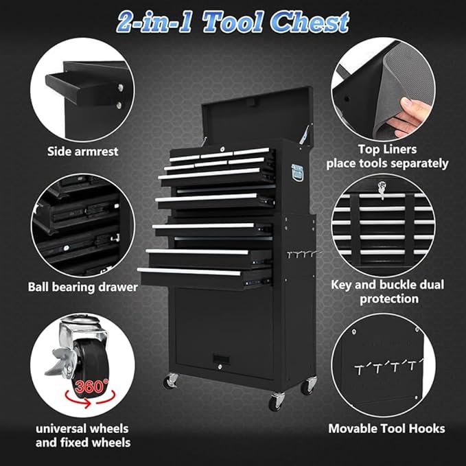 13-Drawer Rolling Tool Chest,Tool box with Wheels, Tool Cabinets with Drawers, Top Detachable Tool Chest with Hooks Handles for Workshop Mechanical Garage - Black
