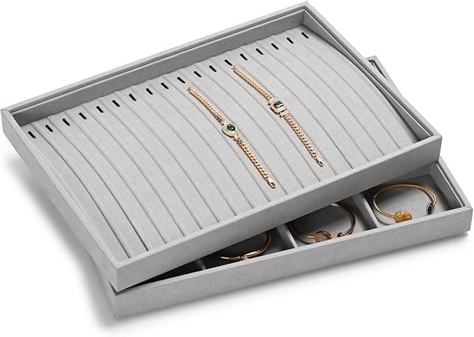 18Slots Necklace Braclet Tray Velvet Jewelry Trays Microfiber Jewelry Drawer Organizer for Necklace, Bracelets,Watch Storage Display (Grey)