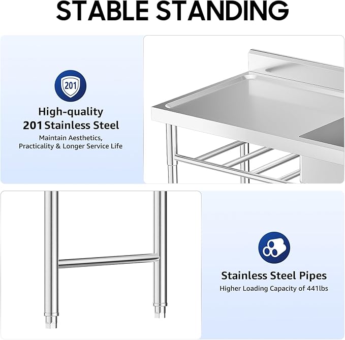 Freestanding Commercial Utility Sink, 47.2 * 23.6 * 31.5in Industrial Kitchen Sink Unit with Faucet, 2-Tier Storage Shelf, Outdoor Freestanding Single Bowl Sink for Garage, Restaurant