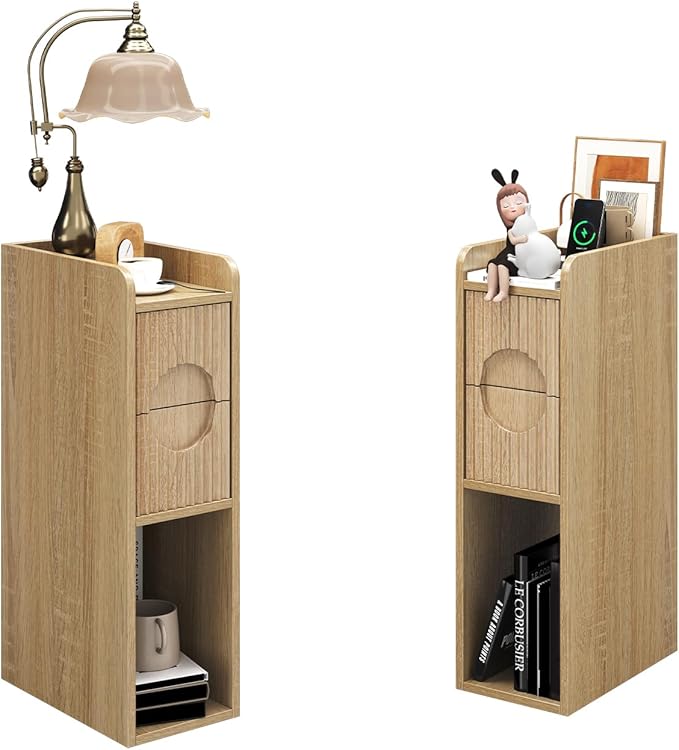 Slim Bedside Table Set of 2, Narrow Nightstand with Drawers, Fluted Wood Nightstand, Mid Century Modern End Table, Skinny Tall Nightstand, for Bedroom Natural