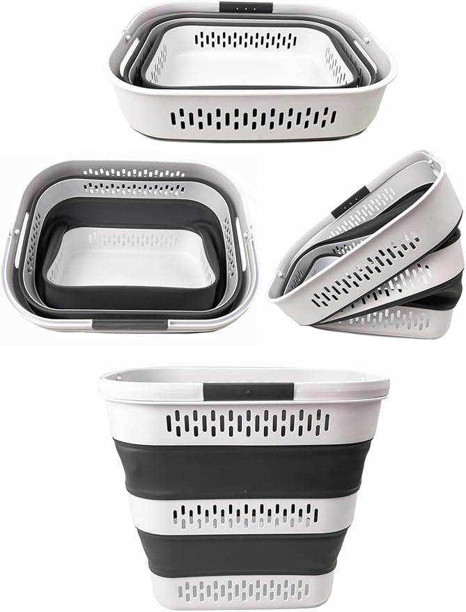 SAMMART 40L (10.5 Gallon) Collapsible Plastic Laundry Basket with Handles - Foldable Pop Up Storage Container/Organizer - Portable Laundry Hamper - Space Saving (2, White/Steel Grey)