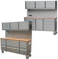 72 inch 11 Drawers Tool Chest with 3 Up Cabinet & Pegboard in Stainless Steel, Large Lockable Mobile Workbench with 6 Blue Storage Bins, Tool Box for Garage, Workshop (1 × HTC7214W1+ 1 × HTC7218W1)
