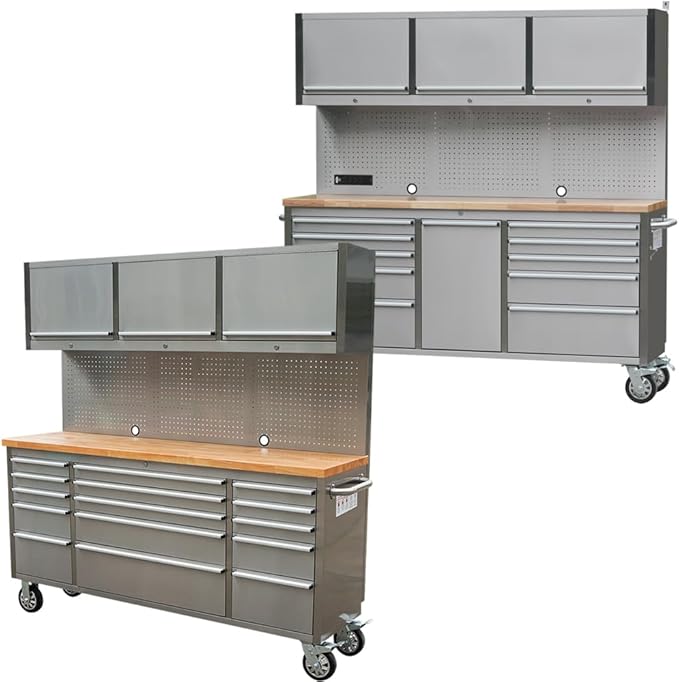 72 inch 11 Drawers Tool Chest with 3 Up Cabinet & Pegboard in Stainless Steel, Large Lockable Mobile Workbench with 6 Blue Storage Bins, Tool Box for Garage, Workshop (1 × HTC7214W1+ 1 × HTC7218W1)