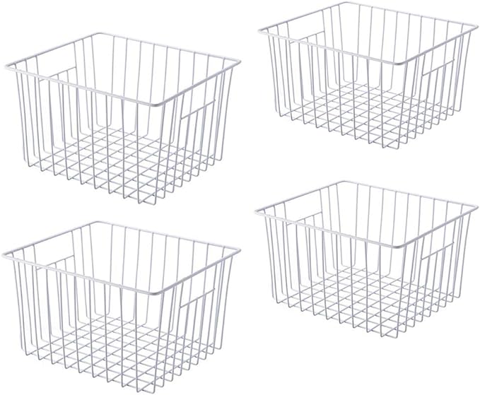 Deep Refrigerator Organizer Baskets, Metal Wire Baskets for Upright Freezer, Household Bin Basket with Handles for Kitchen, Cabinets, Pantry, Closets (11.8" L x 10" W x 7" H)