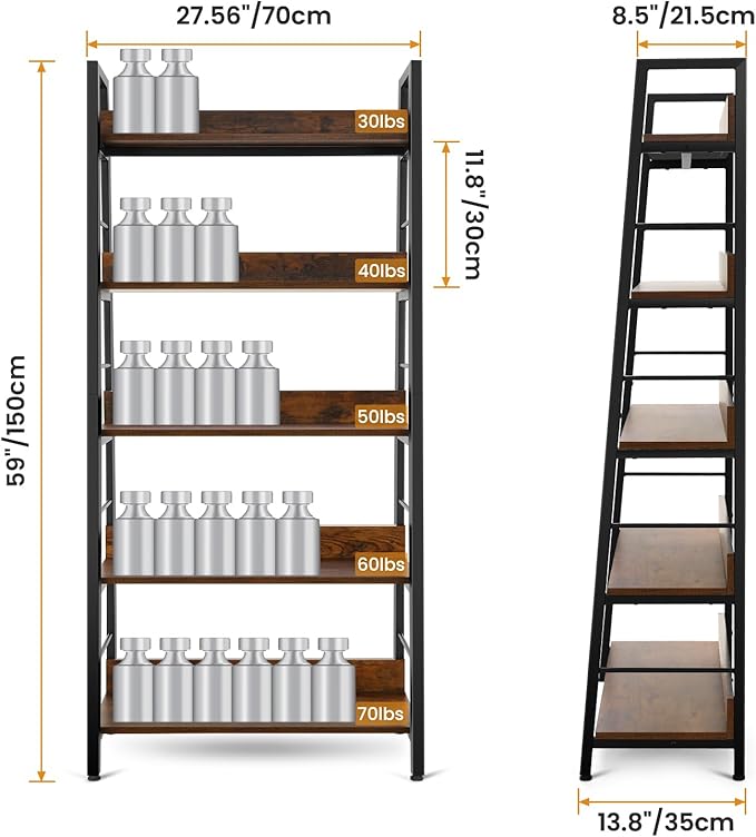 Himimi Bookshelf, Industrial Wood Bookshelves and Bookcases, Ladder Shelf 5 Tier with Metal Frame for Living Room, Bedroom, Kitchen, Home Office, Rustics Brown