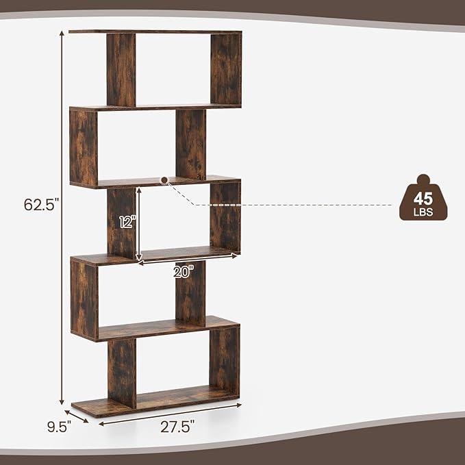 5-Tier Geometric Bookcase, 62.5” Freestanding Room Divider Bookshelf with Open Display Shelves & Anti-tip Device, Wood S-Shaped Storage Organizer for Living Room, Bedroom, Study & Home Office