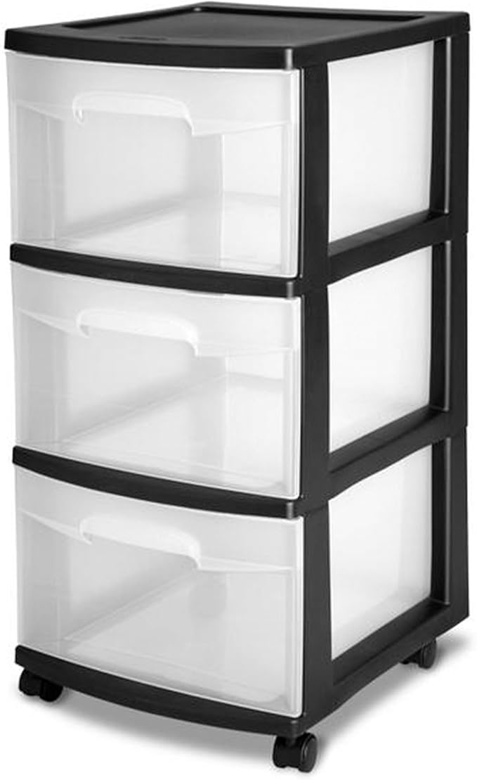 Sterilite 6 Pack Plastic Storage Organizer, 3 Drawer Rolling Bin Cart, Closet Organization, Black