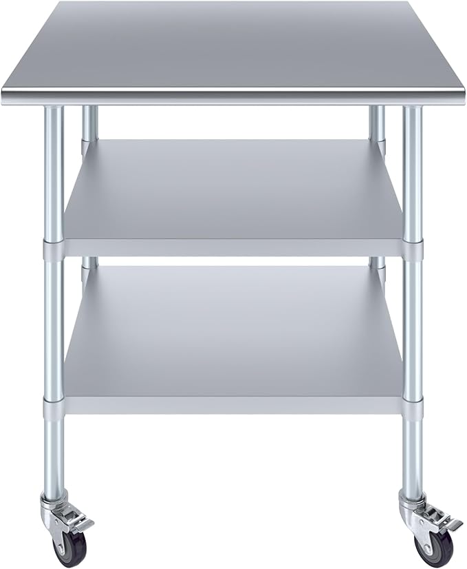 AmGood Stainless Steel Work Table with 2 Shelves and Casters | Metal Utility Table On Wheels (Stainless Steel Work Table with 2 Shelves + Casters, 36" Long x 30" Deep)