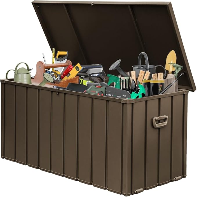 Domi 150 Gallon Metal Deck Box Waterproof, Outdoor Storage Box with Lock Wheels Side Handles Outside Storage Box for Patio Cushions, Shoes & Pool Tools