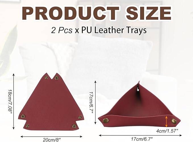 uxcell 2 Pcs Valet Tray for Women and Men, PU Leather Jewelry Tray Entryway Table Bedside Nightstand Catchall Storage Organizer for Jewelry Key Coin Watch Wallet (Triangle, Dark Red)