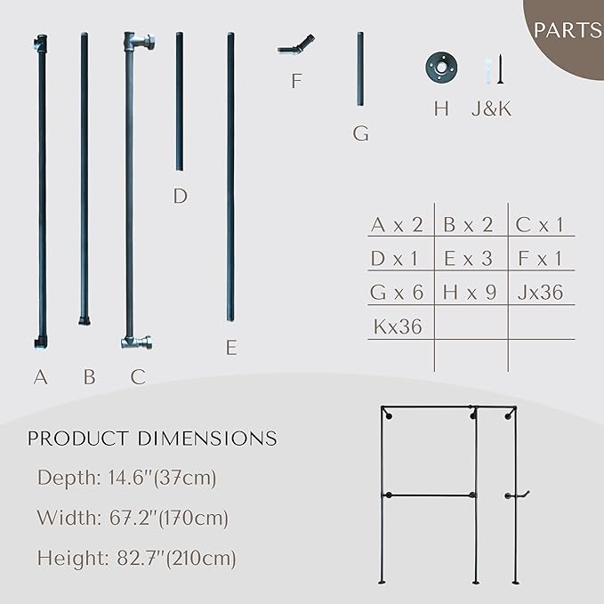 Industrial Pipe Clothing Rack, Heavy Duty Wall Mounted Clothes Rack, Retail Display Hanging Garment Rod for Laundry Rooms, Closet Storage, 14.6x62.5x82.7 Inches, Model AF01