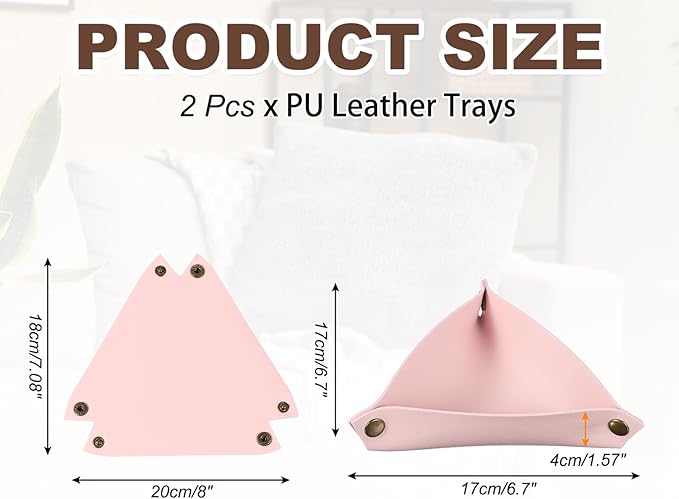 uxcell 2 Pcs Valet Tray for Women and Men, PU Leather Jewelry Tray Entryway Table Bedside Nightstand Catchall Storage Organizer for Jewelry Key Coin Watch Wallet (Triangle, Pink)