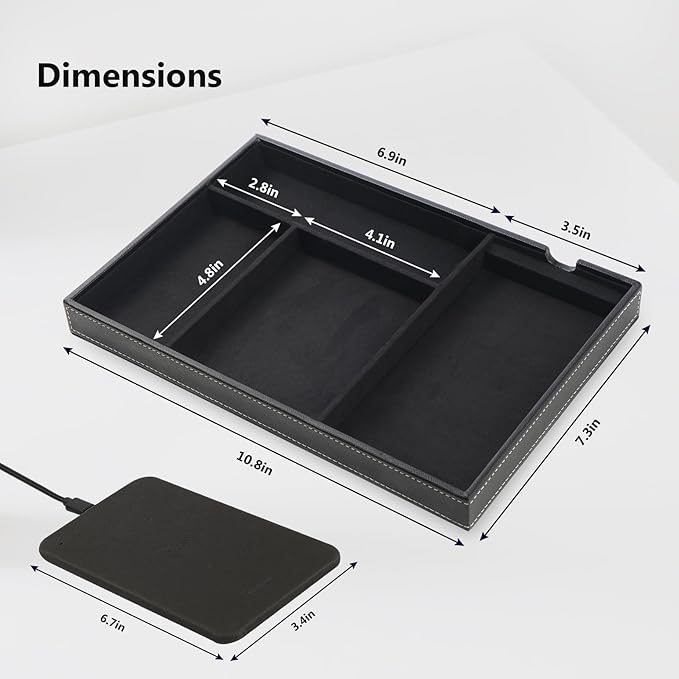 TopMade Valet Tray with Wireless Charging Pad Nightstand Organizer, Leather Desktop Storage Dresser Organizer Charging Station, Jewelry Box Catchall Bedside Vanity Tray for Men Women(Black)
