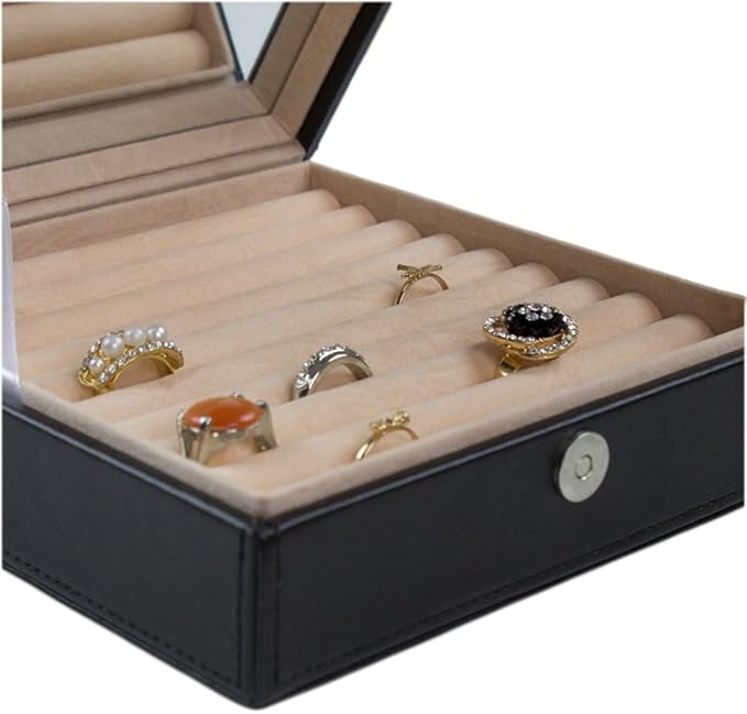 Glenor Co Ring Box Organizer - 54 Slot Classic Jewelry Display Case Holder - Storage Tray with Modern Buckle Closure, Large Mirror - for Rings and Cufflinks - Small for Travel - PU leather - Black