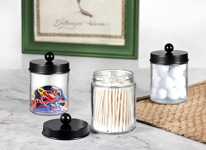 Amolliar 6Pc Apothecary Jars Bathroom Vanity Organizer- Rustic Farmhouse Decor Storage Canister with Stainless Steel Lids- Qtip Dispenser Holder for Q-Tips,Cotton Swabs,Rounds,Ball,Flossers (Black)