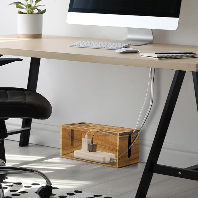 Acacia Wood Cable Management Box - Cable Organizer Box - 2 Open Slots Cords Hider Box - Under Desk Cord Organizer for Power Strip Extension Cord Surge Protector Charger Wire
