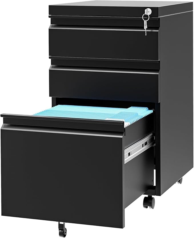 3 Drawer File Cabinet with Lock, Under Desk Metal Mobile Filing Cabinet with Wheels, Small Storage Cabinet for Home Office, Organizer for Letter/Legal/A4 Files, Rolling File Cabinet
