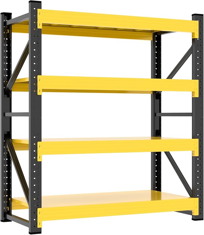 5000LBS Garage Storage Shelves, 59" W Garage Shelving Heavy Duty Adjustable Shelving Unit, 4 Tier Metal Utitly Shelves Industrial Shelving for Warehouses,Basement,Black Yellow
