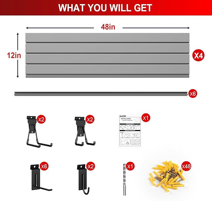 4'H x 4'W Slatwall Panel Garage Wall Organizer with Hooks, Heavy Duty Slat Wall Paneling Sheets, Interlocking PVC Panels, Garage Slatwall for Tool Organization Mounted Storage Systems