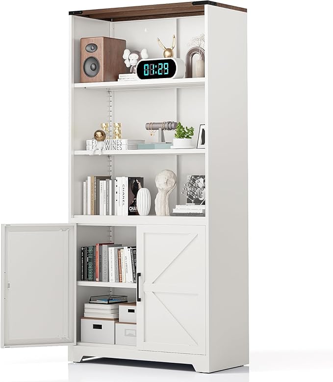 VINGLI Bookcase with Doors and Adjustable Shelves, Steel 70" Tall Bookshelf, 6-Tier Farmhouse Metal Storage Cabinet for Study, Living Room, Home Office, Kitchen Pantry, White Display Cabinet