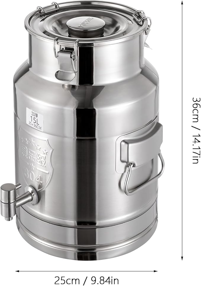 Milk Can Barrel Stainless Steel Beverage Drink Dispenser Large Capacity Storage Bucket Container with Faucet and Handles for Milk Coffee Wine Oil Rice Cereals Water (15L/3.96Gal)