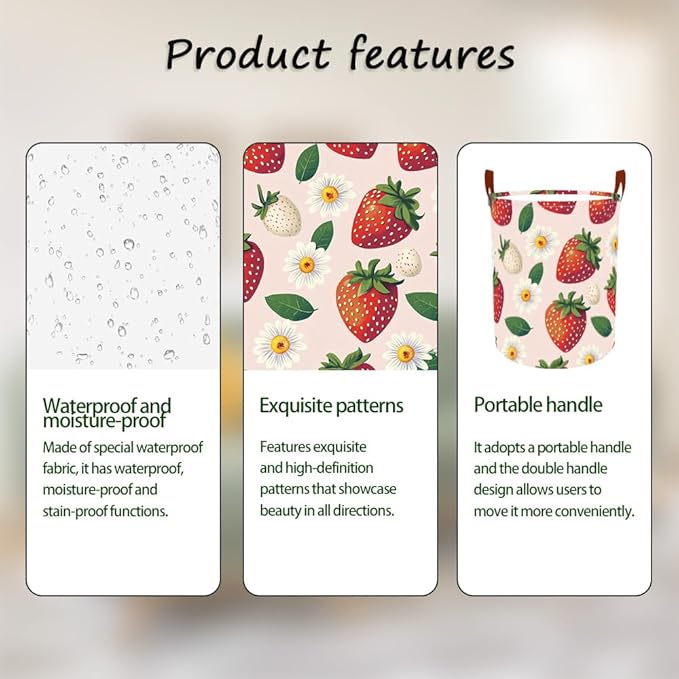 Laundry Baskets 15.7x19.7 Inch Large Strawberry Daisy Design Collapsible Laundry Hamper with Handles Oxford Fabric Clothes Storage Bin Foldable Dirty Clothes Organizer for Bedroom Bathroom Dorm