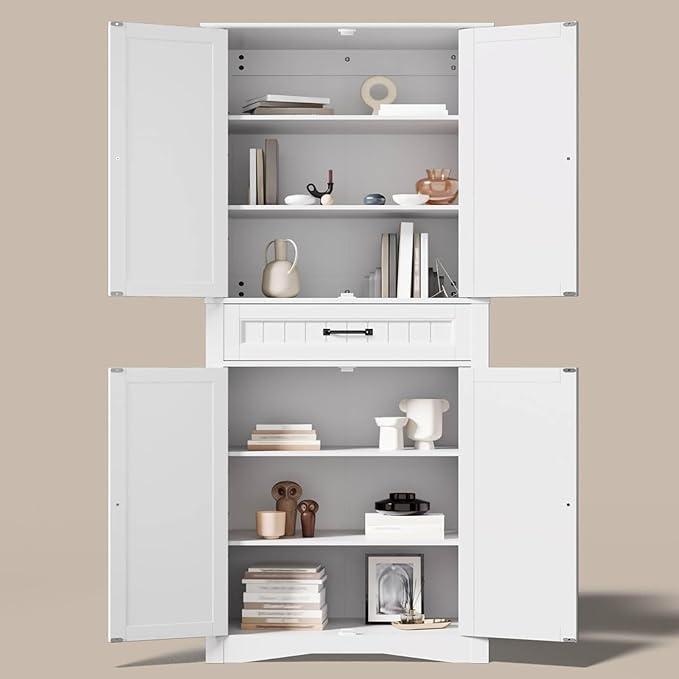 Gizoon 71'' Kitchen Pantry Storage Cabinet, Freestanding Pantry Organizers and Storage Cabinet with 4 Doors and 4 Adjustable Shelves, Tall Cabinet with Large Drawer for Kitchen, Living Room, Bathroom