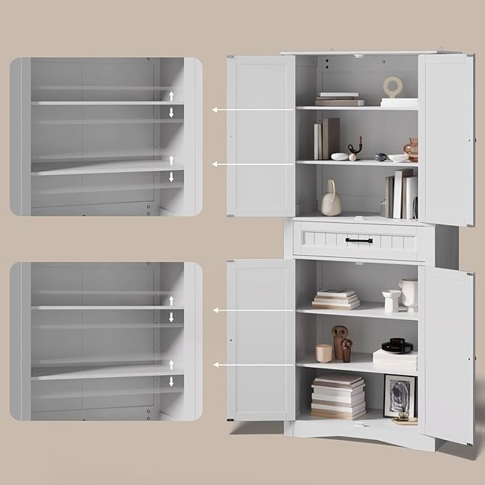 Gizoon 71'' Kitchen Pantry Storage Cabinet, Freestanding Pantry Organizers and Storage Cabinet with 4 Doors and 4 Adjustable Shelves, Tall Cabinet with Large Drawer for Kitchen, Living Room, Bathroom