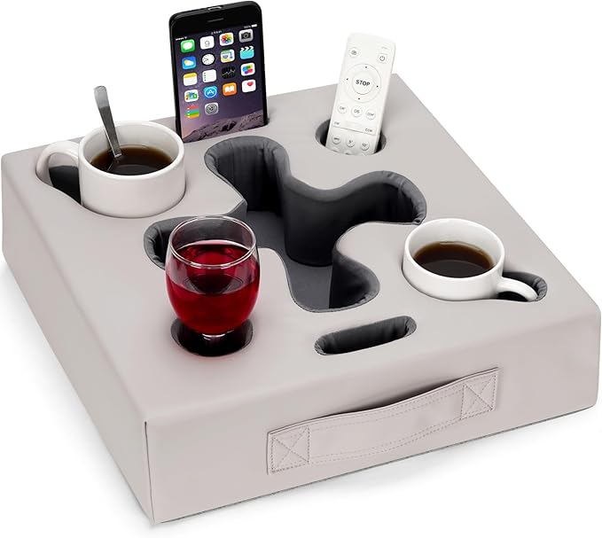 Couch Cup Holder Pillow-Sofa Cup Holder for Bed, Rv, Tv, Car, Man Cave, Backseat | Remote, Drinks, Snacks Tray Organizer Caddy Cupholder (Square-PU Grey)