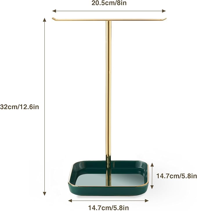 Jewelry Holder Stand with Ceramic Base: 12" Tall Necklace Organizer Rack, Tree Design Display Storage for Necklaces, Bracelets, Rings, Earrings, Aesthetic Room Décor for Girls and Women, Green