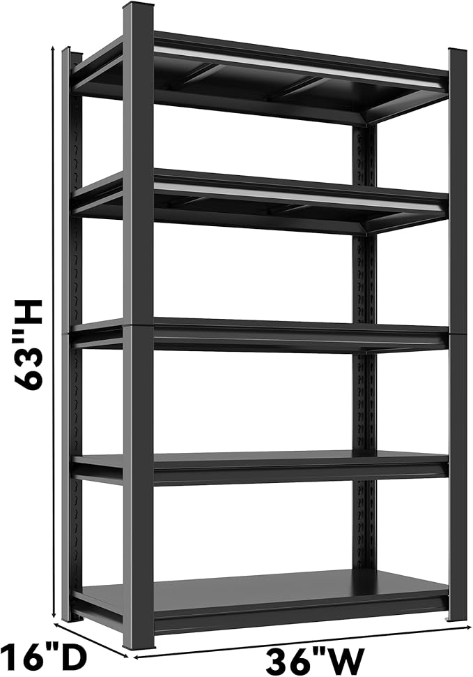 63" H Garage Shelving 5-Tier Heavy Duty Storage Shelves, Adjustable Metal Shelving Unit, Utility Garage Organizer Shelf, for Basement, Pantry, Warehouse,Supermarket