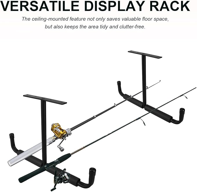 Ceiling Mounted Hanging Display Rack for Garage Shaped Hooks Multifunctional Fishing Rod Holder and Bicycle Storage Space-saving Heavy Duty Organizer for Tools and Equipment