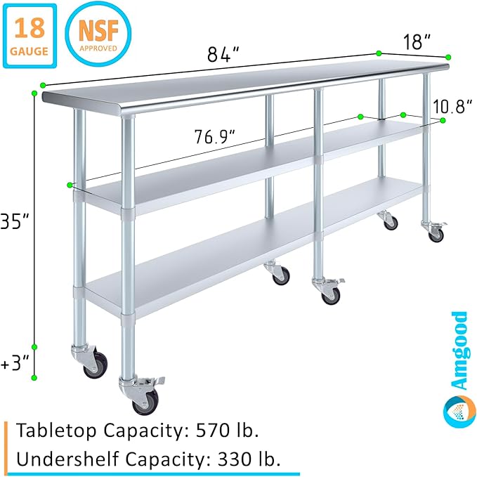 AmGood Stainless Steel Work Table with 2 Shelves and Casters | Metal Utility Table On Wheels (Stainless Steel Work Table with 2 Shelves + Casters, 84" Long x 18" Deep)
