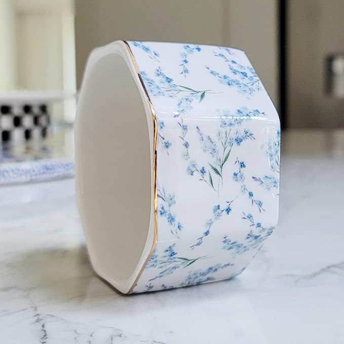Ceramic Paper Clip Holder Gold Line Paper Clip Dispenser Organizer for Desk Cute Floral Pattern Office Binder Clip Holder Bobby Pin and Hair Clip Holder Gift for Office Blue Flowers