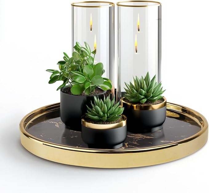 Black Vanity Tray Round Bathroom Decorative Tray for Dresser Countertop Organizer Cosmetics Round Marble Tray for Perfume,Bottles and Accessories
