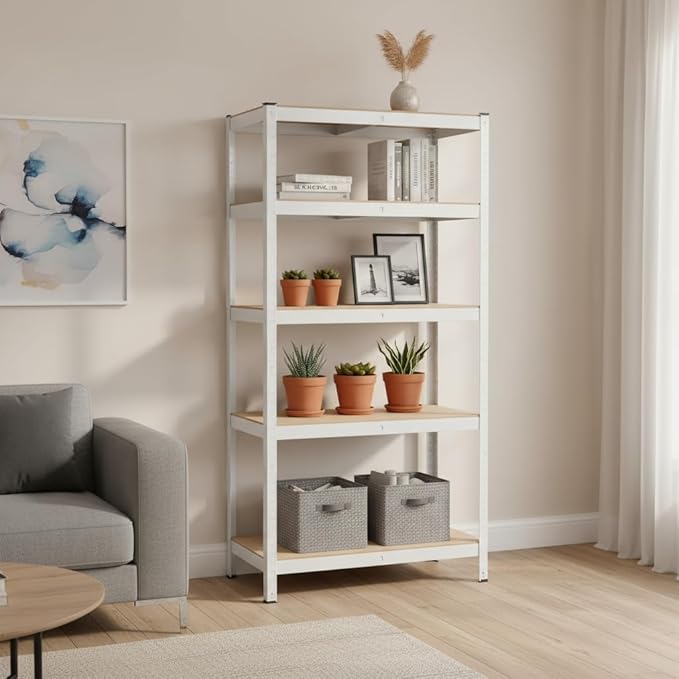 Weallux 5-Tier Metal Storage Shelf, White Steel Frame with Wood Shelves, 29.5 x 12 x 59 Inches, Adjustable Heavy Duty Utility Rack for Garage, Kitchen, Pantry