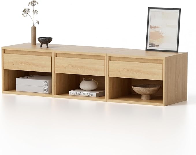 Floating Nightstand Set of 3, Wall Mounted Bedside Table with Storage Drawer and Open Shelf, Modern Night Stand with Handless Design for Living Room, Bedroom, Dorm, Natural Oak