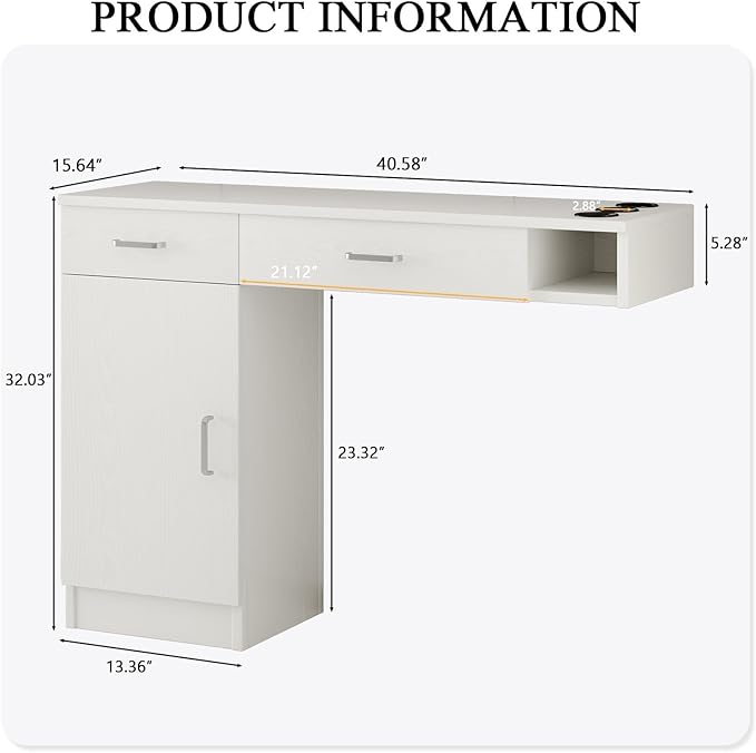 4ever2buy Salon Stations for Hair Stylist, Wall Mount Barber Station with Barber Cabinet, Hair Station Equipment Hair Dryer Holder, Drawers, Mirror not Included, White