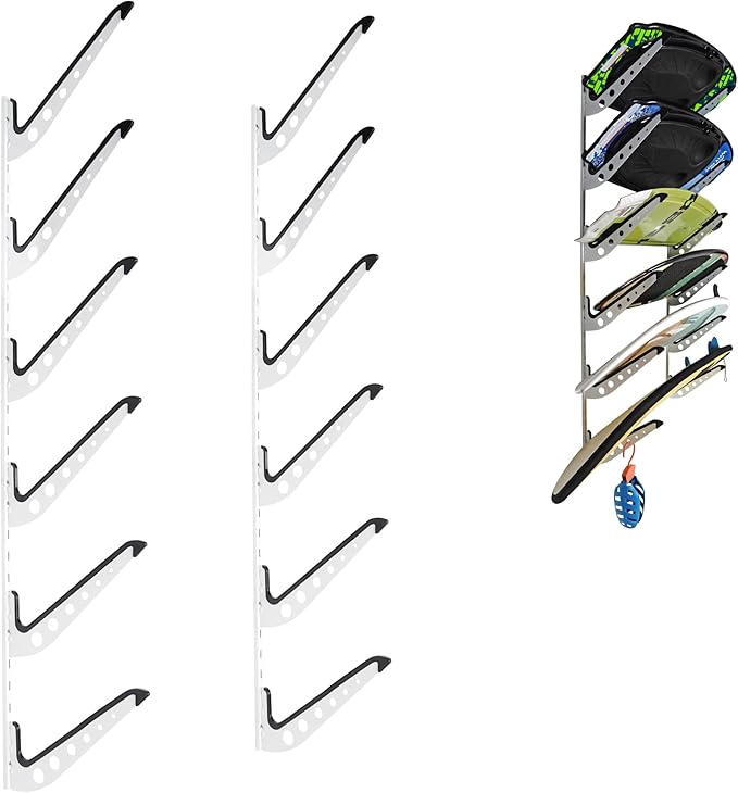 6 Board Surf Rack Wall Mount for Surfboard, Wakeboard, Snowboard Storage Adjustable Wall Hangers Boards Display