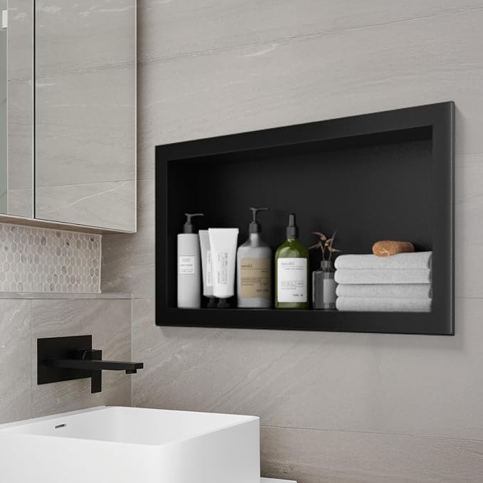 12" x 24" Stainless Steel Shower Niche, Single Waterproof Shelves, No-Tile Needed Bathroom Organizer, Rustproof Wall Shelf for Shampoo, Soap & Toiletries, Black