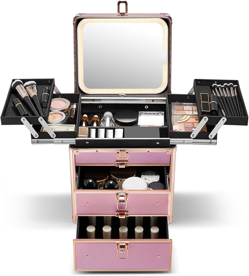 Qislee Makeup Box with Double Drawers and Four Trays, Detachable Lighted Mirror, Waterproof Travel Train Case, Cosmetic Organizer and Makeup Suitcase with Magnetic LED Mirror(Sparkling Gradient Pink)