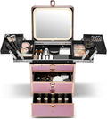 Qislee Makeup Box with Double Drawers and Four Trays, Detachable Lighted Mirror, Waterproof Travel Train Case, Cosmetic Organizer and Makeup Suitcase with Magnetic LED Mirror(Sparkling Gradient Pink)